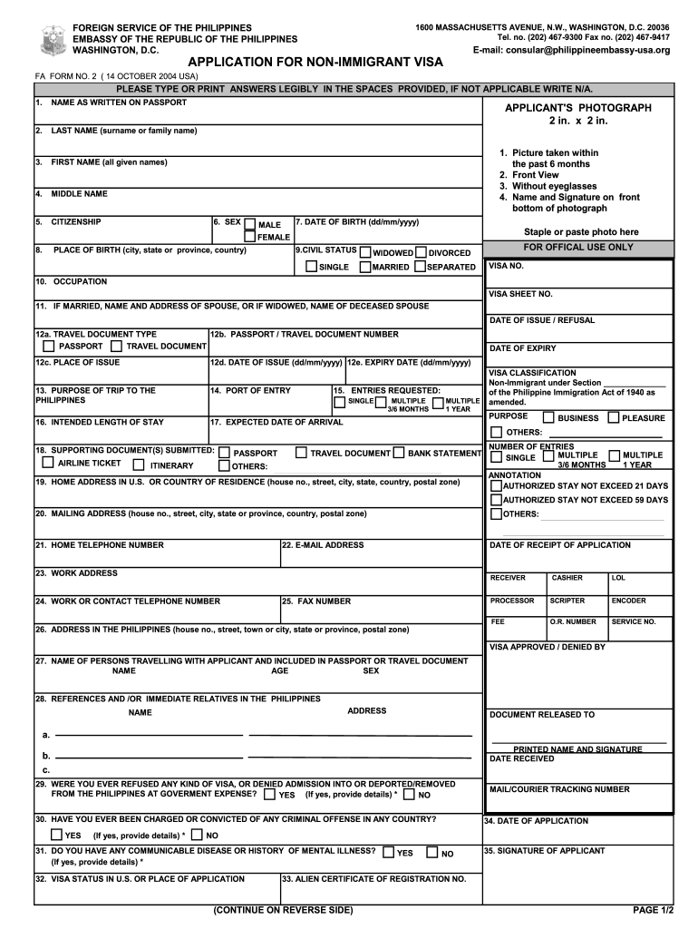 2004 Philipinnes Form Application Non Immigrant Visa Online Fill