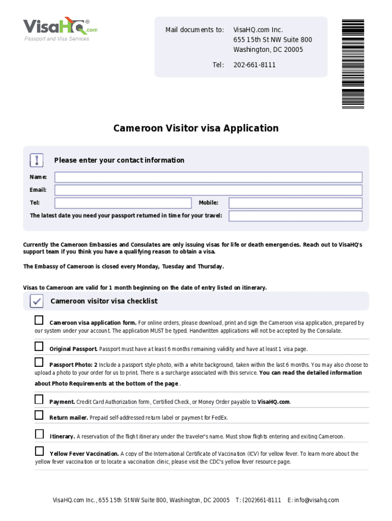 2022 2024 Form VisaHQ Cameroon Visitor Visa Application Fill Online 