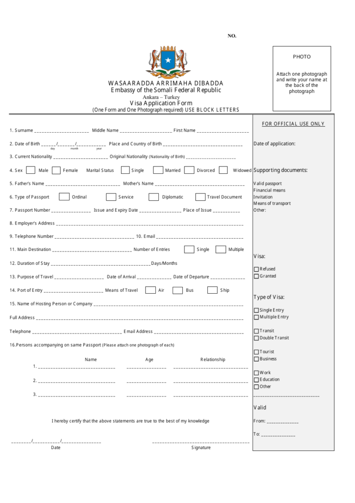 Ankara Turkey Somalian Visa Application Form Embassy Of The Somali 