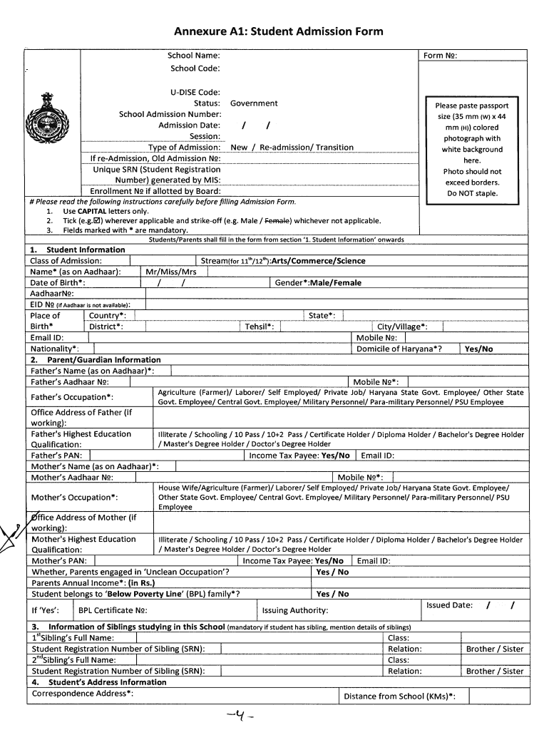 Annexure A1 Student Admission Form Pdf Admission Forms 2023