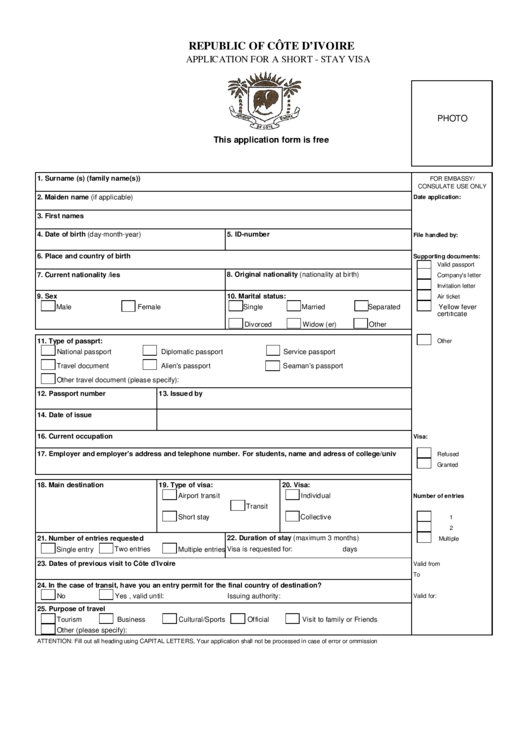 Application For A Short Stay Visa Republic Of Cote D Ivoire Printable 