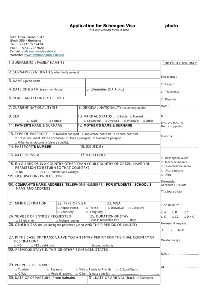 Application Form For Schengen Visa Embassy Of Italy In Manama Fill 