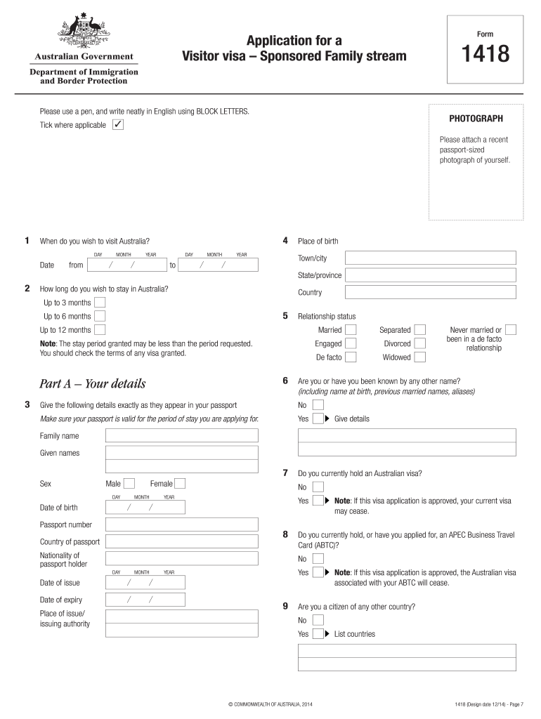 Australia Visitor Visa Form 1418 Download Pdf Fill Out Sign Online 