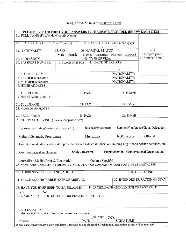 Bangladesh Visa Application Form Pdf 2020 2022 Fill And Sign 