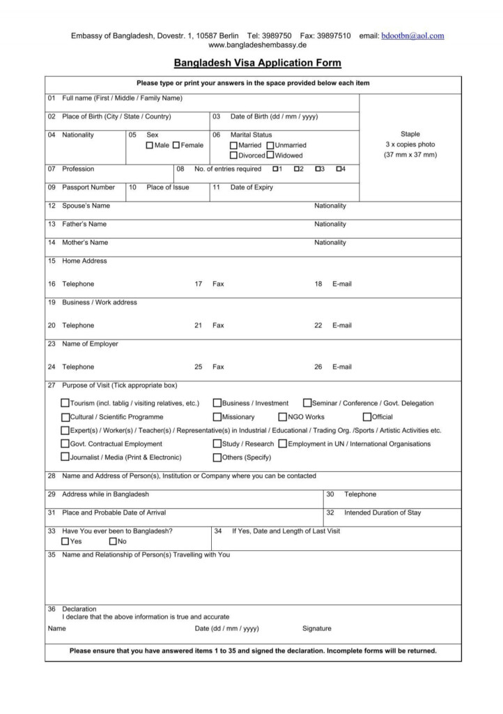 Bangladesh Visa Application Form Visum Dienst Berlin