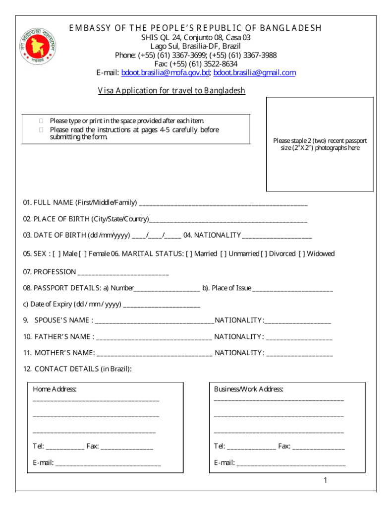 Brasilia Federal District Brazil Bangladesh Travel Visa Application 