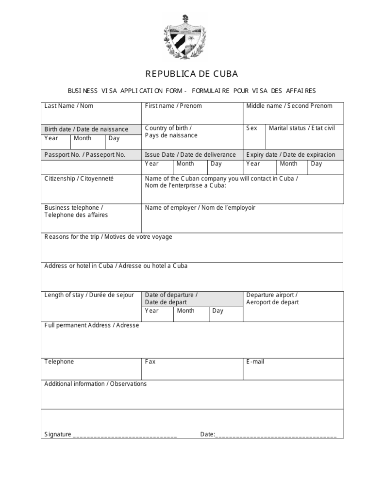 Cuba Business Visa Application Form Fill Out Sign Online And 