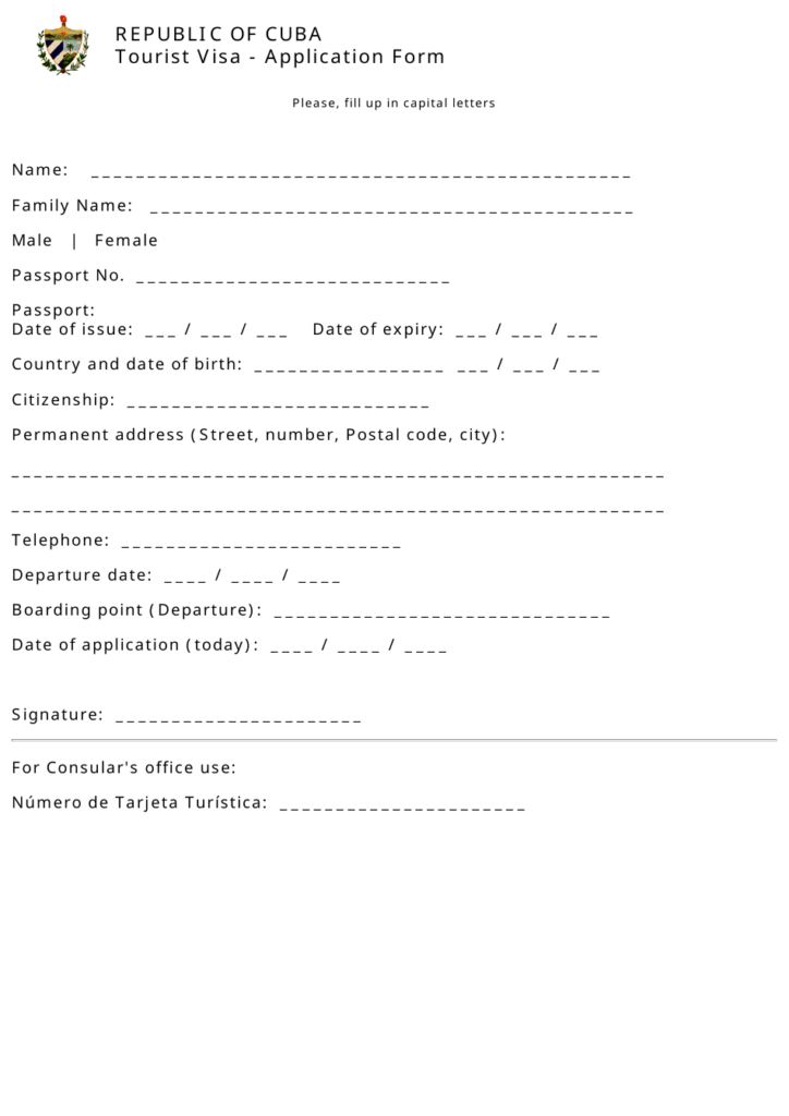 Cuba Republic Of Cuba Tourist Visa Application Form Fill Out Sign 