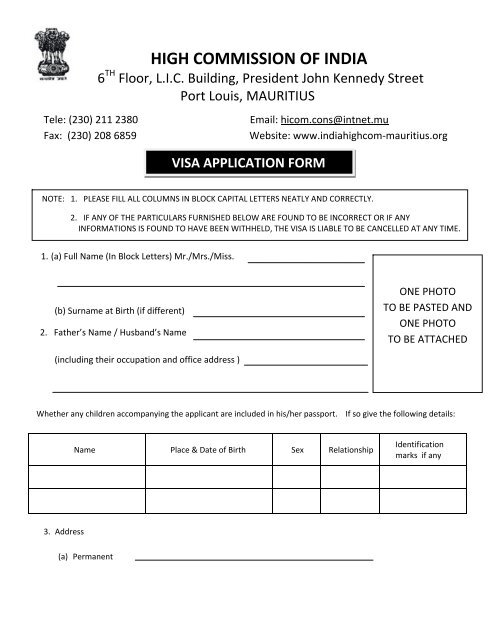 Download Visa Application Form High Commission Of India Mauritius
