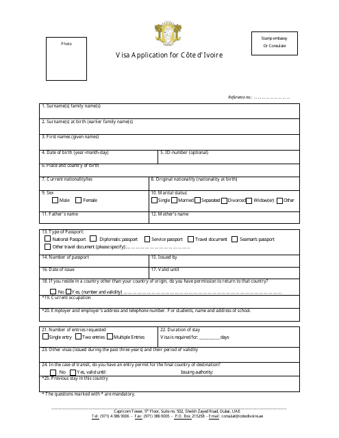 Dubai United Arab Emirates Cote D ivoire Visa Application Form 