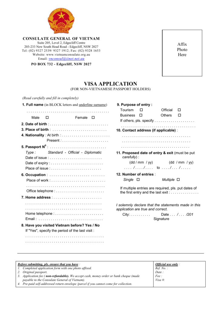 Edgecliff New South Wales Australia Vietnam Visa Application Form