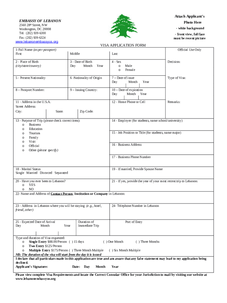 EMBASSY OF LEBANON VISA APPLICATION Attach Doc Template PdfFiller