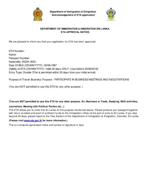 ETA Sri Lanka ex E Visa Application Form