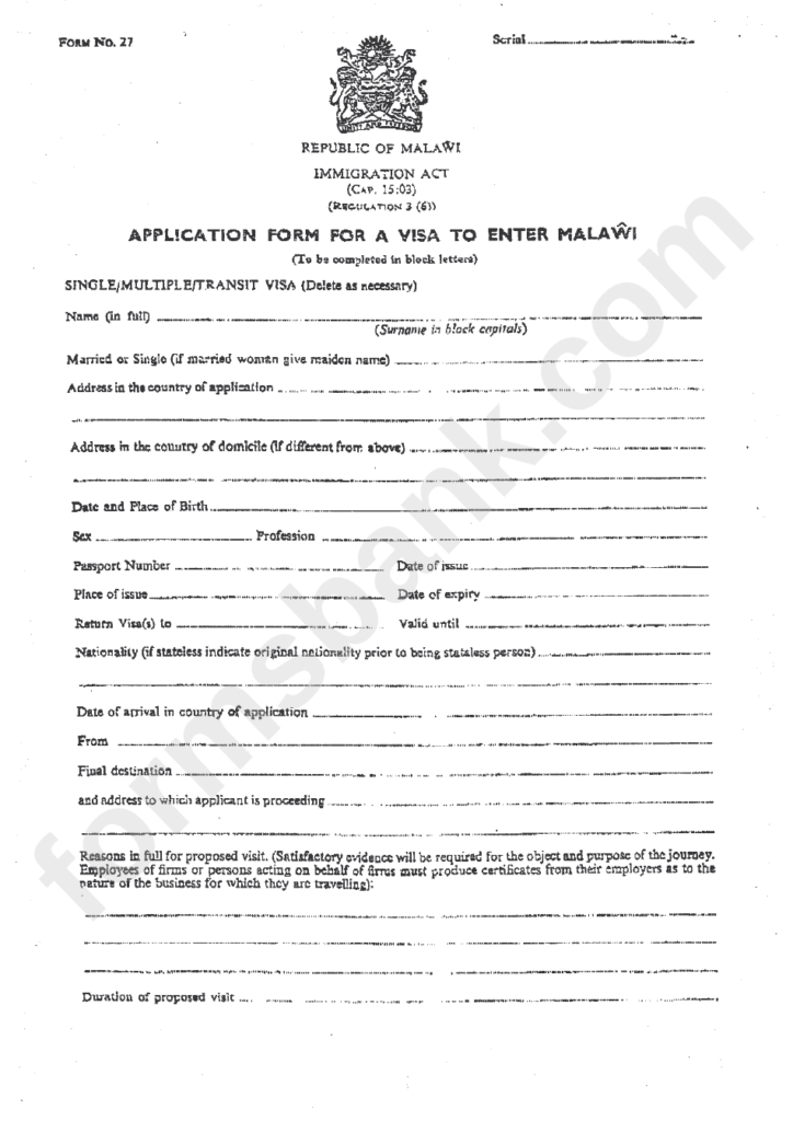 Fillable Form 27 Application Form For A Visa To Enter Malawi 