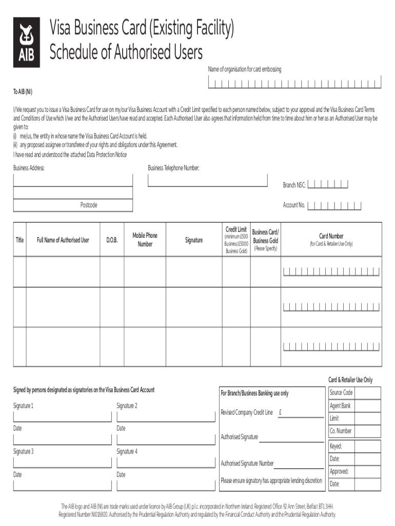 Fillable Online Aib visa corporate and business cards application form 