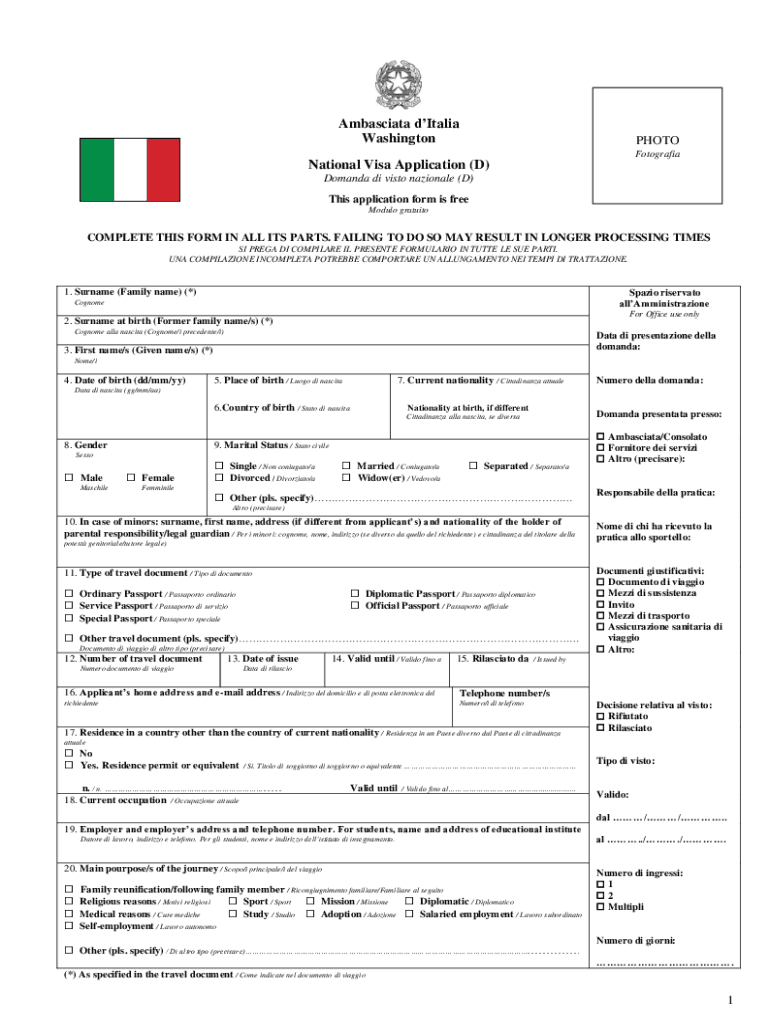 Fillable Online Application Form For National Visa D Ambasciata D 