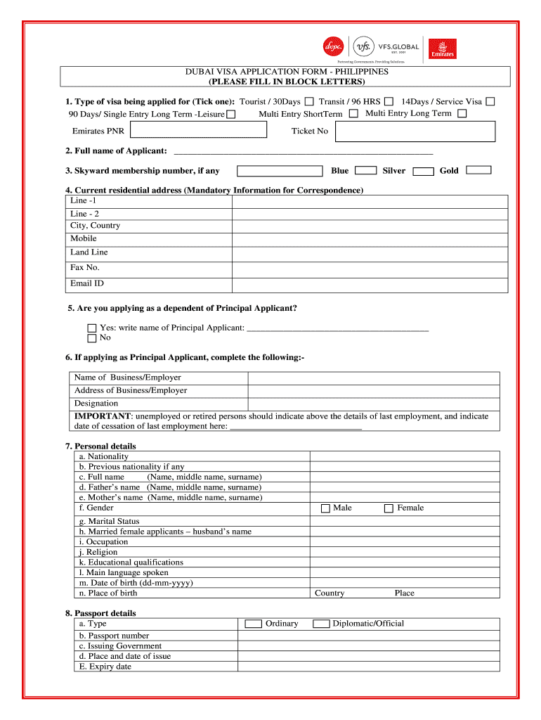Fillable Online DUBAI VISA APPLICATION FORM PHILIPPINES Fax Email 