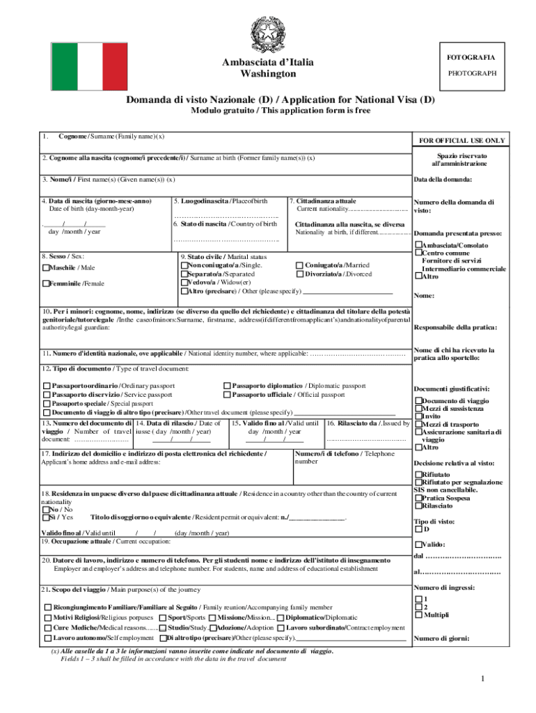 Fillable Online PDF Application Form For National Visa D Ambasciata 