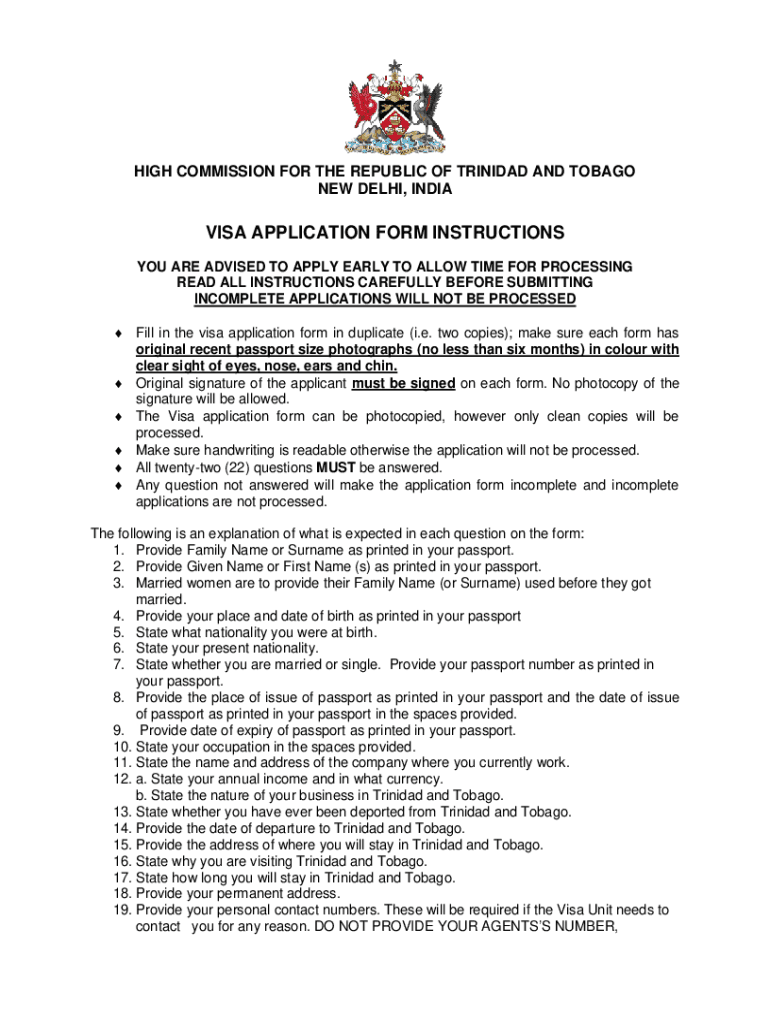 Fillable Online Republic Of Trinidad And Tobago Visa Application Form 