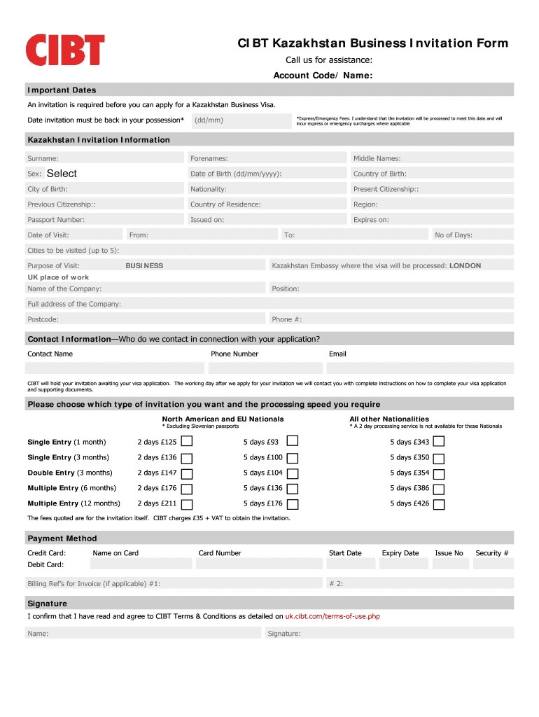 Fillable Online Universalvisas CIBT Kazakhstan Business Invitation Form 