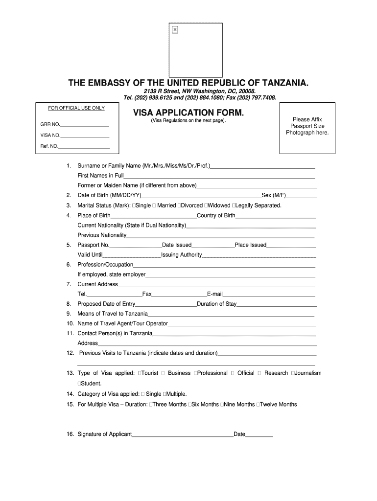 Fillable Online Visa Application Form For Tanzania Fax Email Print 