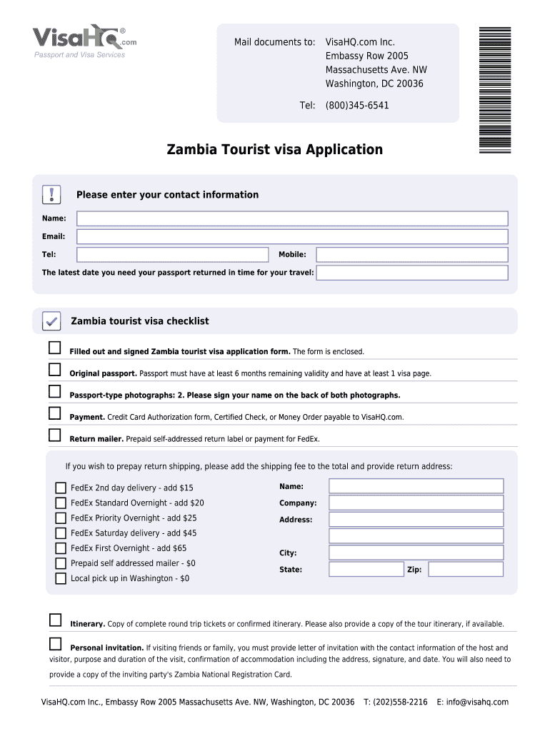 Fillable Online Zambia Tourist Visa Application Zambia Visa VisaHQ 