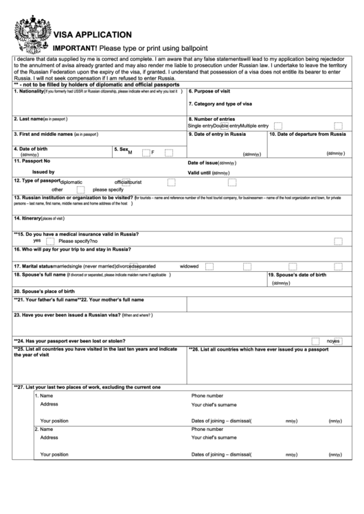 Fillable Russian Visa Application Printable Pdf Download