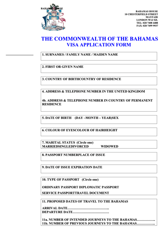 Fillable The Commonwealth Of The Bahamas Visa Application Form 