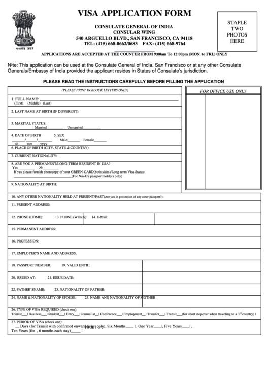 Fillable Visa Application Form Consulate General Of India Printable 