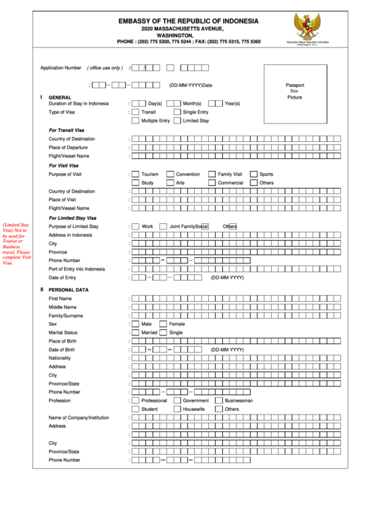 Fillable Visa Application Form Embassy Of The Republic Of Indonesia 