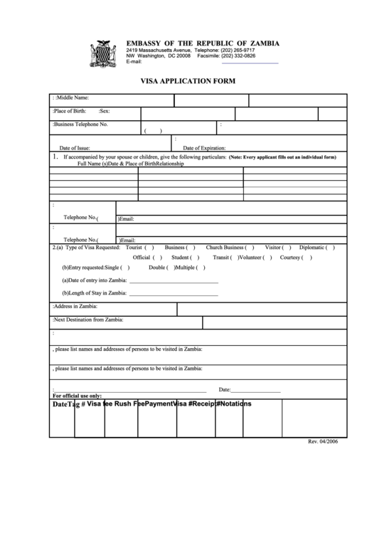 Fillable Visa Application Form Embassy Of The Republic Of Zambia 