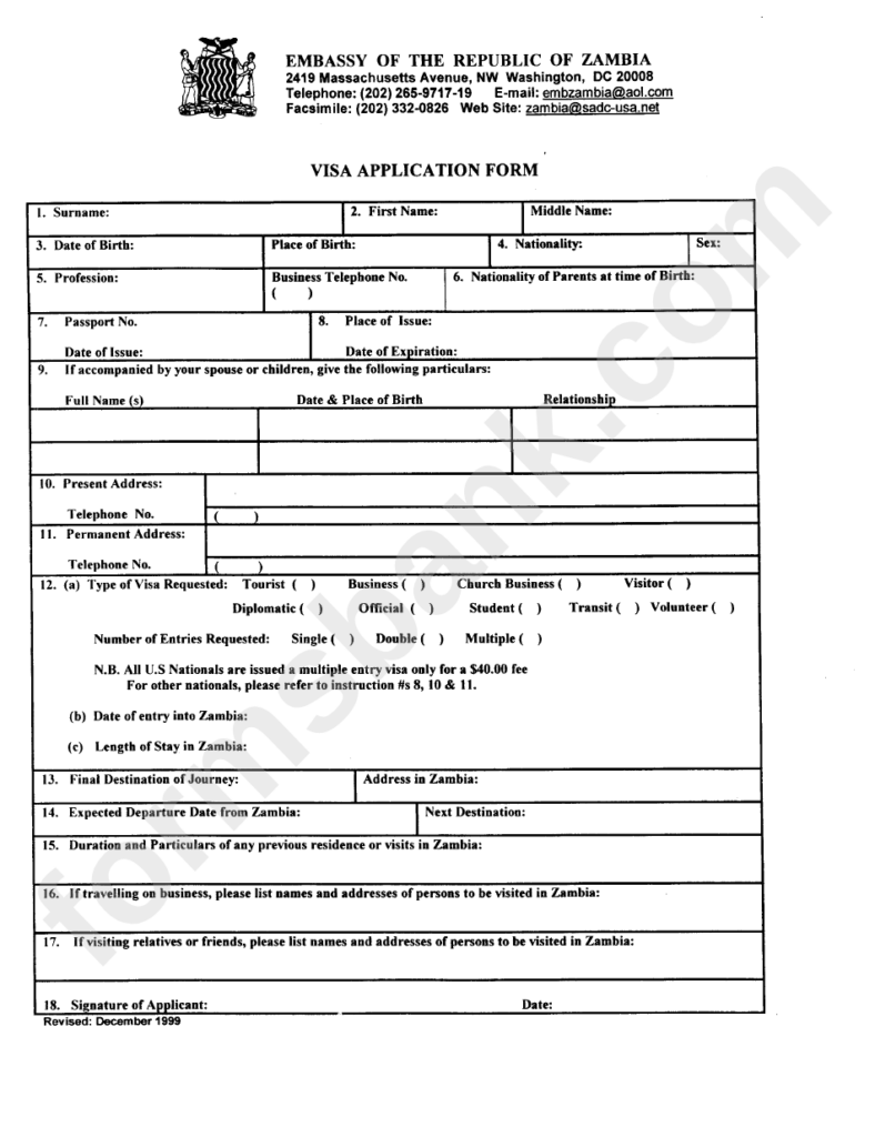 Fillable Visa Application Form Embassy Of The Republic Of Zambia