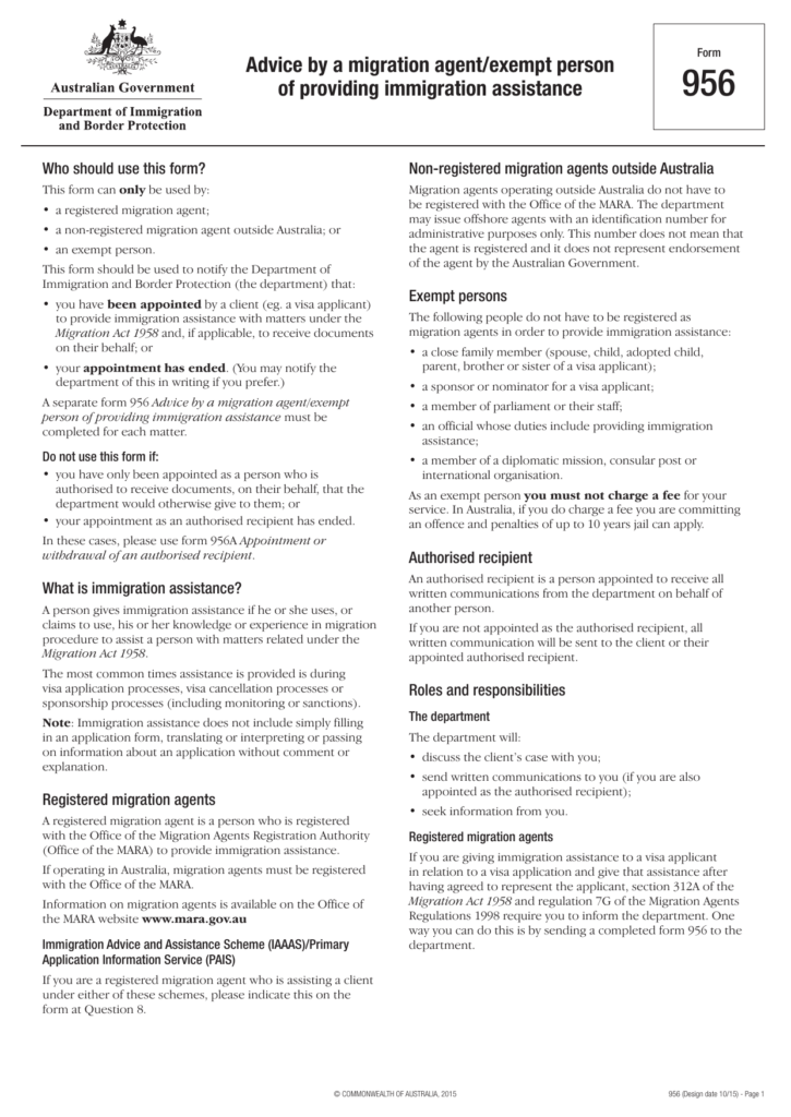 Form 956 Department Of Immigration And Border Protection