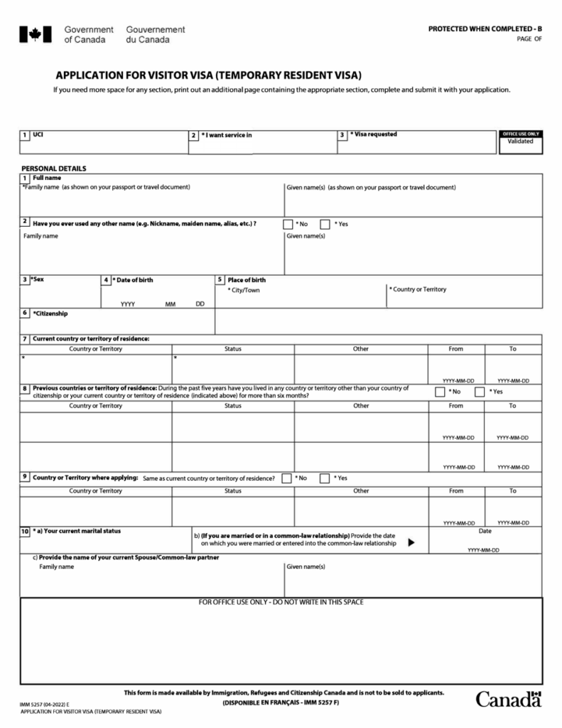 Form IMM5257 Download Fillable PDF Or Fill Online Application For 