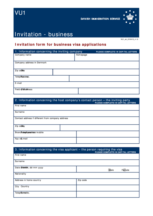 Form Vu1 Invitation Form For Business Visa Applications Printable Pdf 