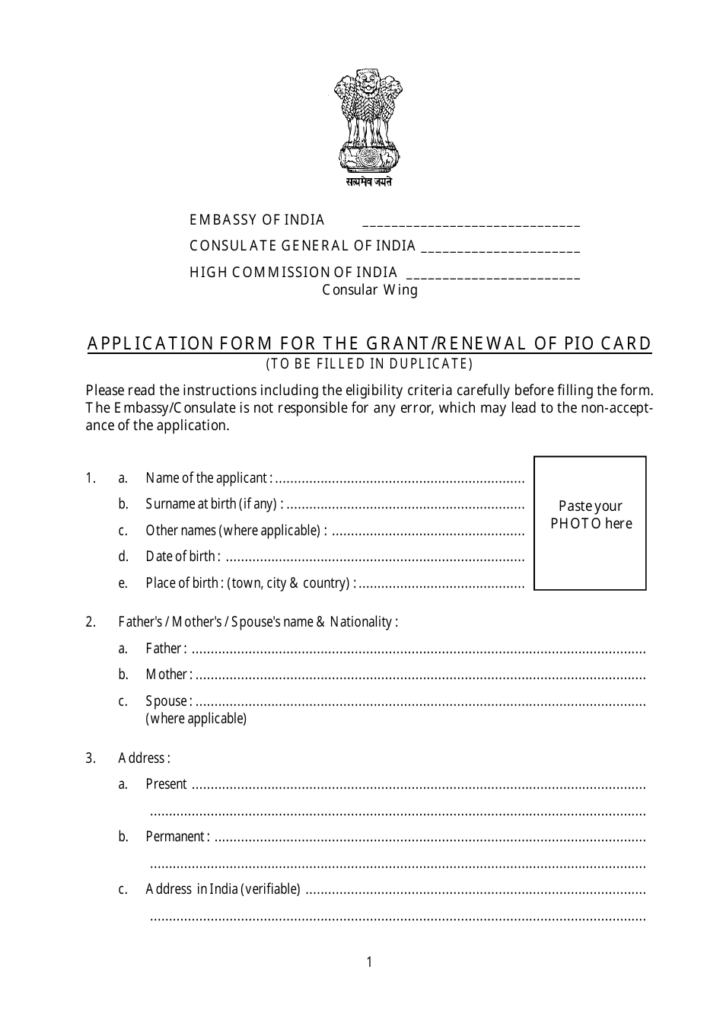 India Application Form For The Grant Renewal Of Pio Card Embassy Of 
