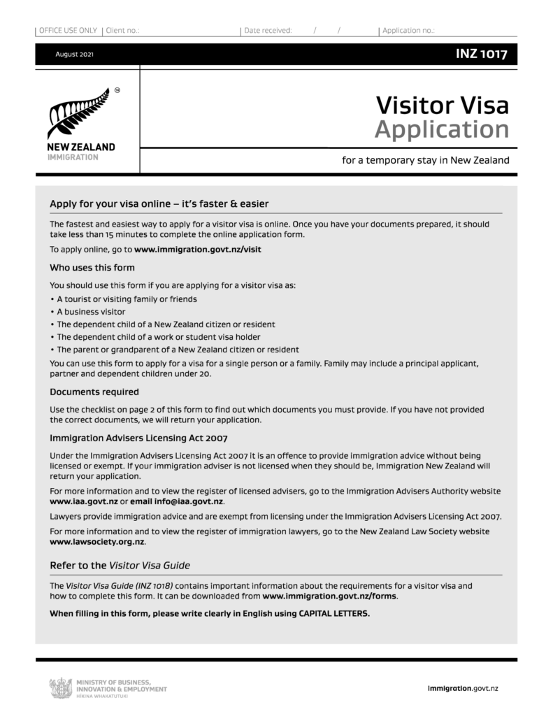 INZ 1017 Visitor Visa Application Forms Docs 2023