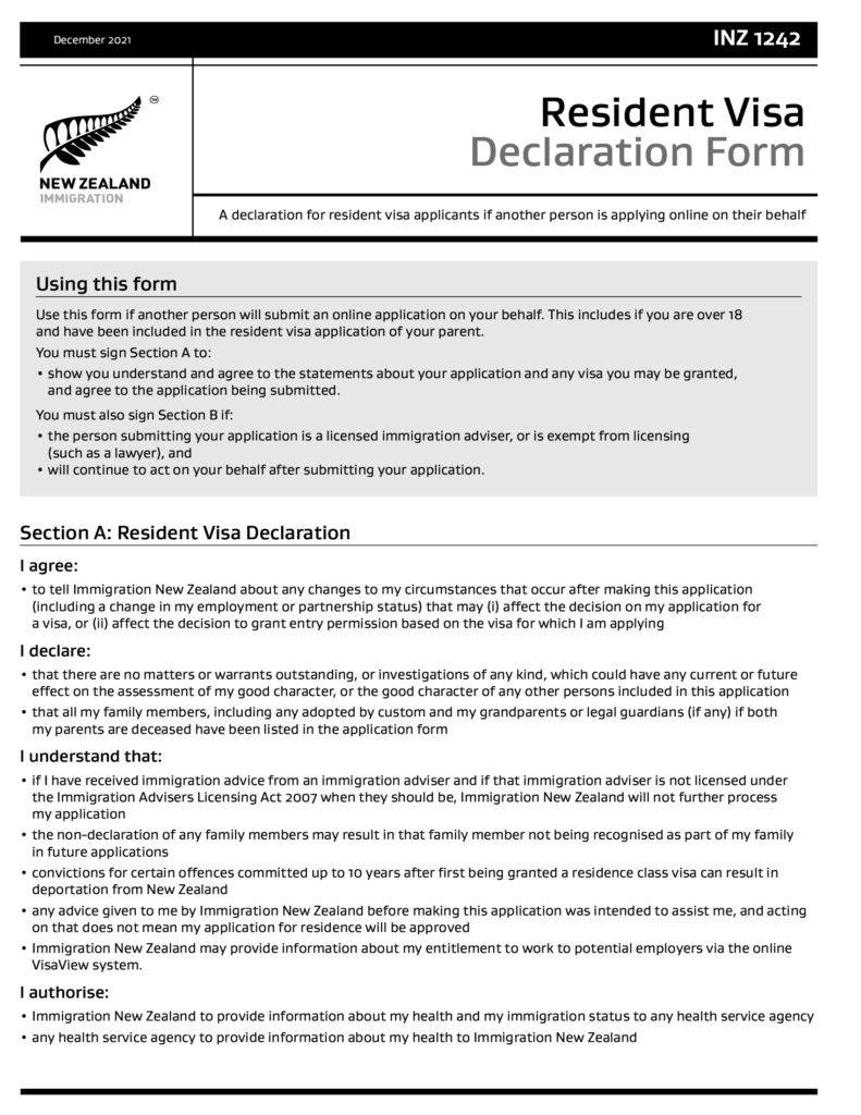 INZ 1242 Resident Visa Declaration Form Forms Docs 2023