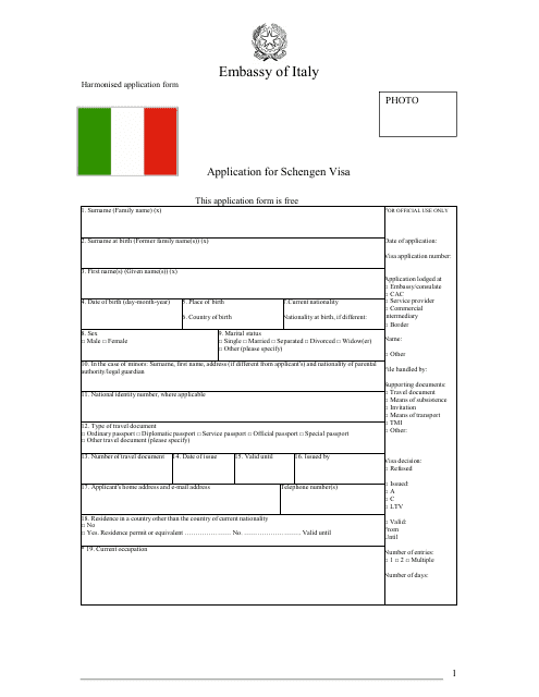 Italian Application For Schengen Visa Embassy Of Italy Fill Out 