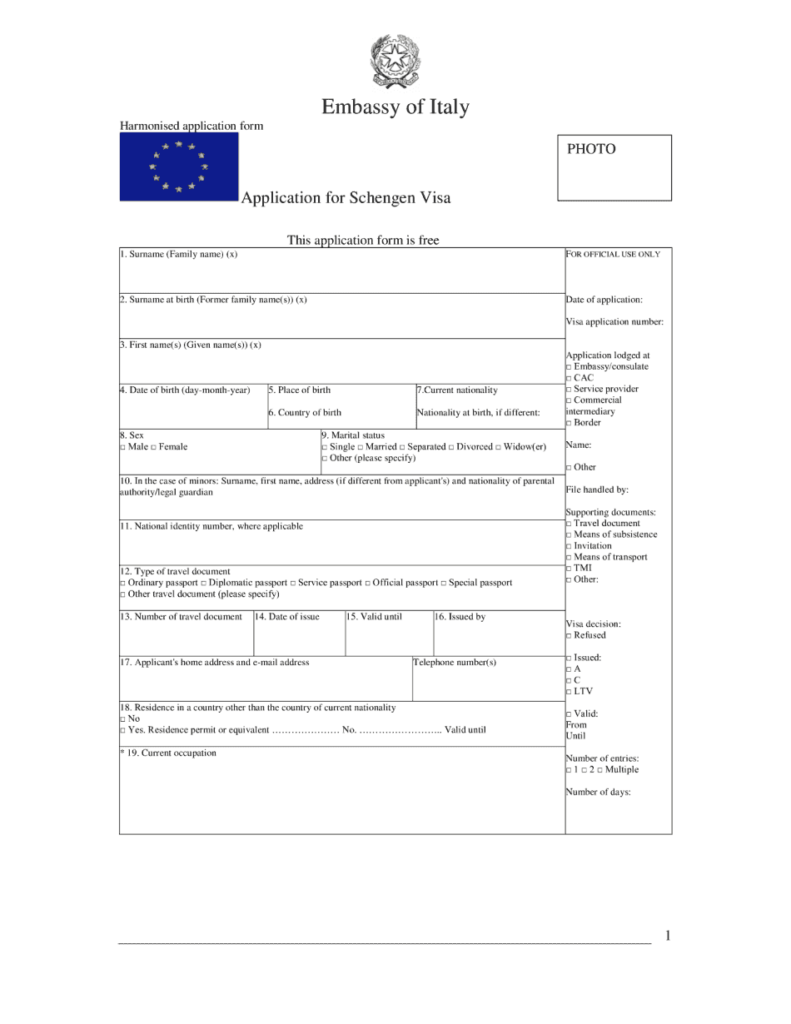 Italian Embassy Visa Application Online Printable PDF Online