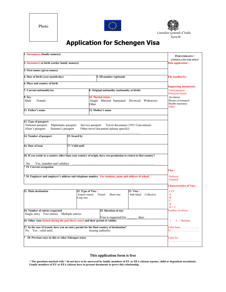 Karachi Pakistan Italian Schengen Visa Application Form Consolato 
