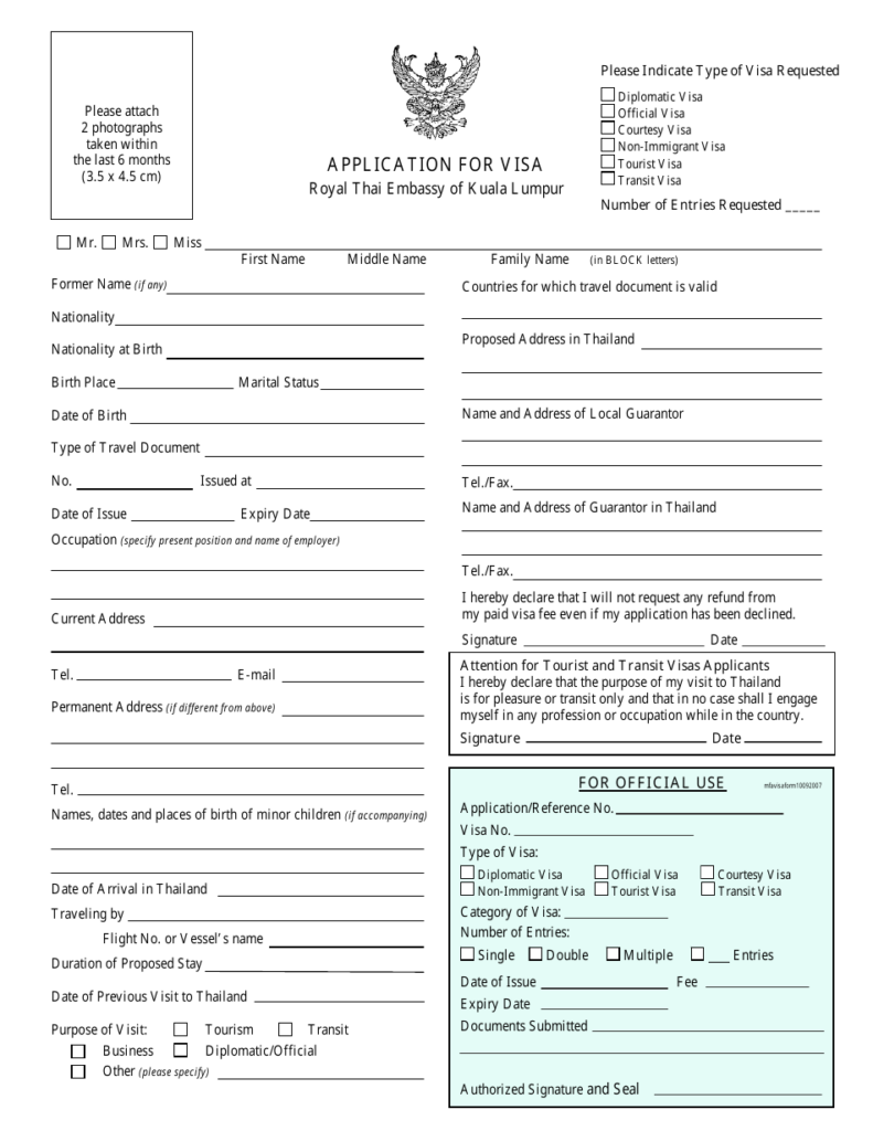 Kuala Lumpur Malaysia Thai Visa Application Form Embassy Of Thailand 