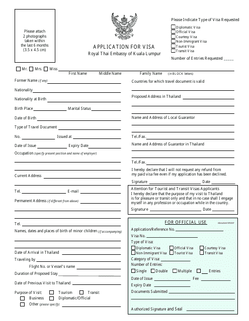 Kuala Lumpur Malaysia Thai Visa Application Form Embassy Of Thailand 