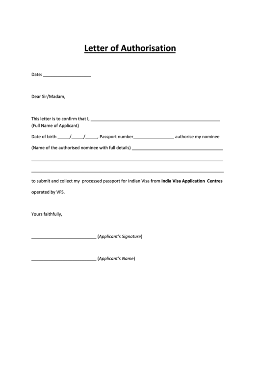 Letter Of Authorisation For India Visa Application Form Printable Pdf 