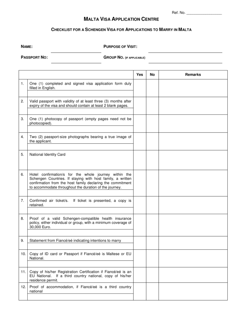 Malta Checklist For A Schengen Visa For Applications To Marry In Malta 