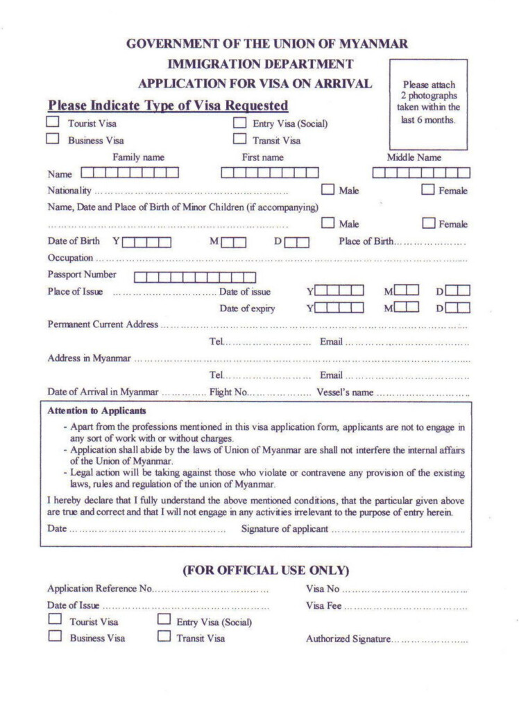 Myanmar Visa Application Fillable Form Printable Forms Free Online