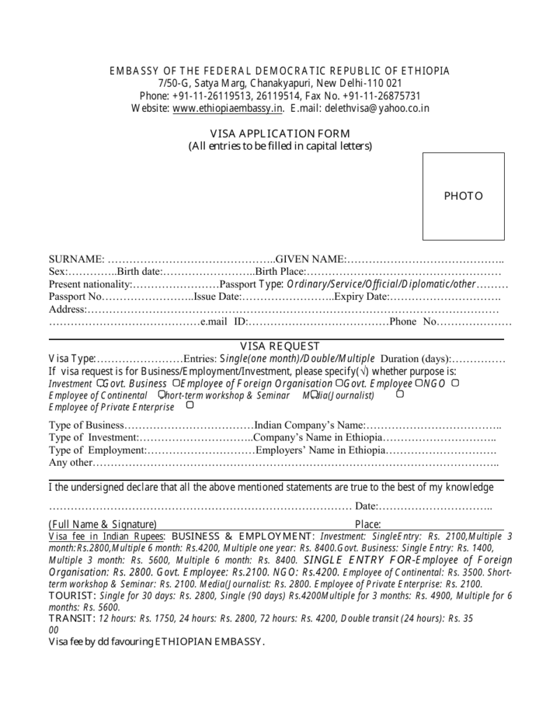 New Delhi Delhi India Ethiopian Visa Application Form Embassy Of The 