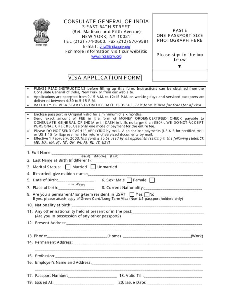 New York City Indian Visa Application Form Consulate General Of India 