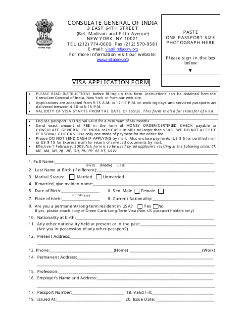 New York City Indian Visa Application Form Consulate General Of India 