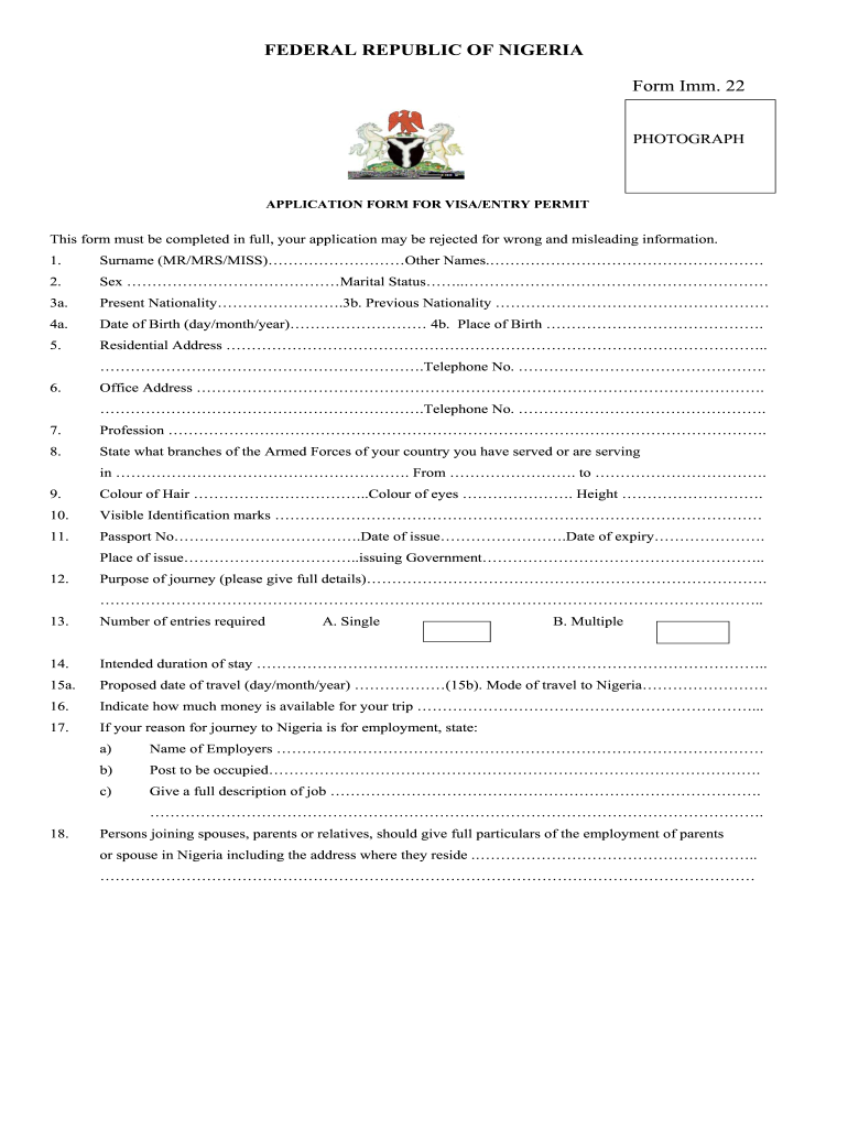 Nigeria Form Application Visa Entry Fill Online Printable Fillable 